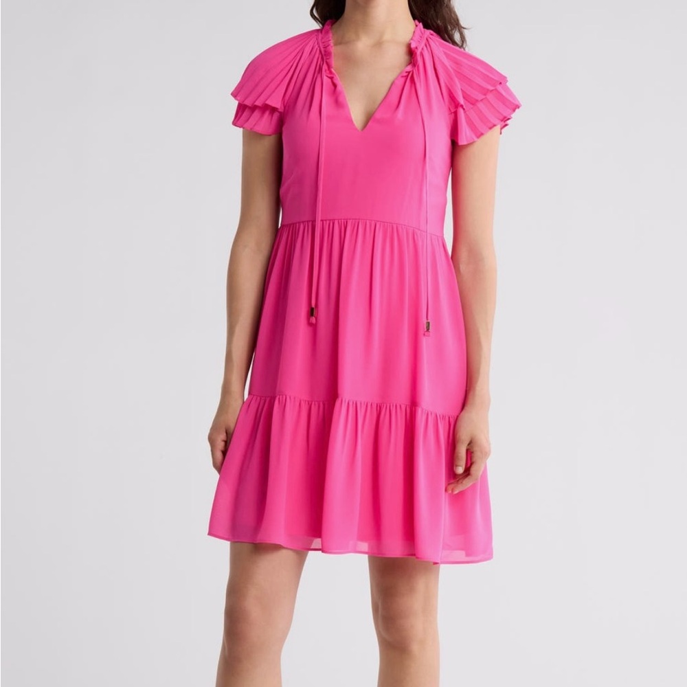 Vince Camuto Pink Flutter Sleeve Tiered Chiffon Dress NWT